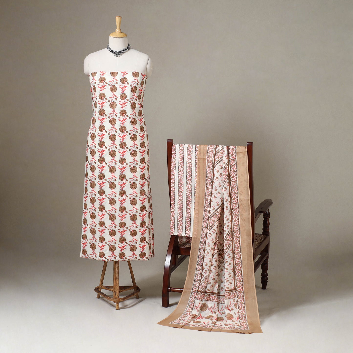 Beige - 3pc cotton sanganeri unstitched dress material 08