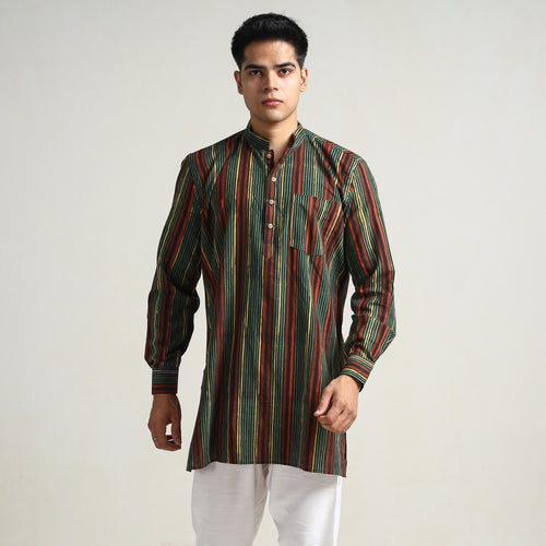 Green - Bagru Block Printed Cotton Men Short Kurta 01