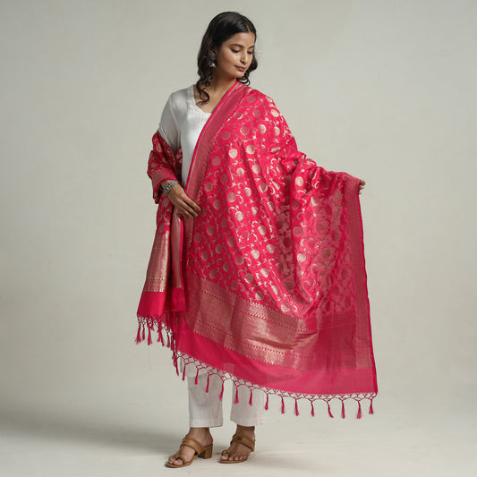 Pink - Banarasi Semi Silk Zari Jaal Dupatta with Tassels 79
