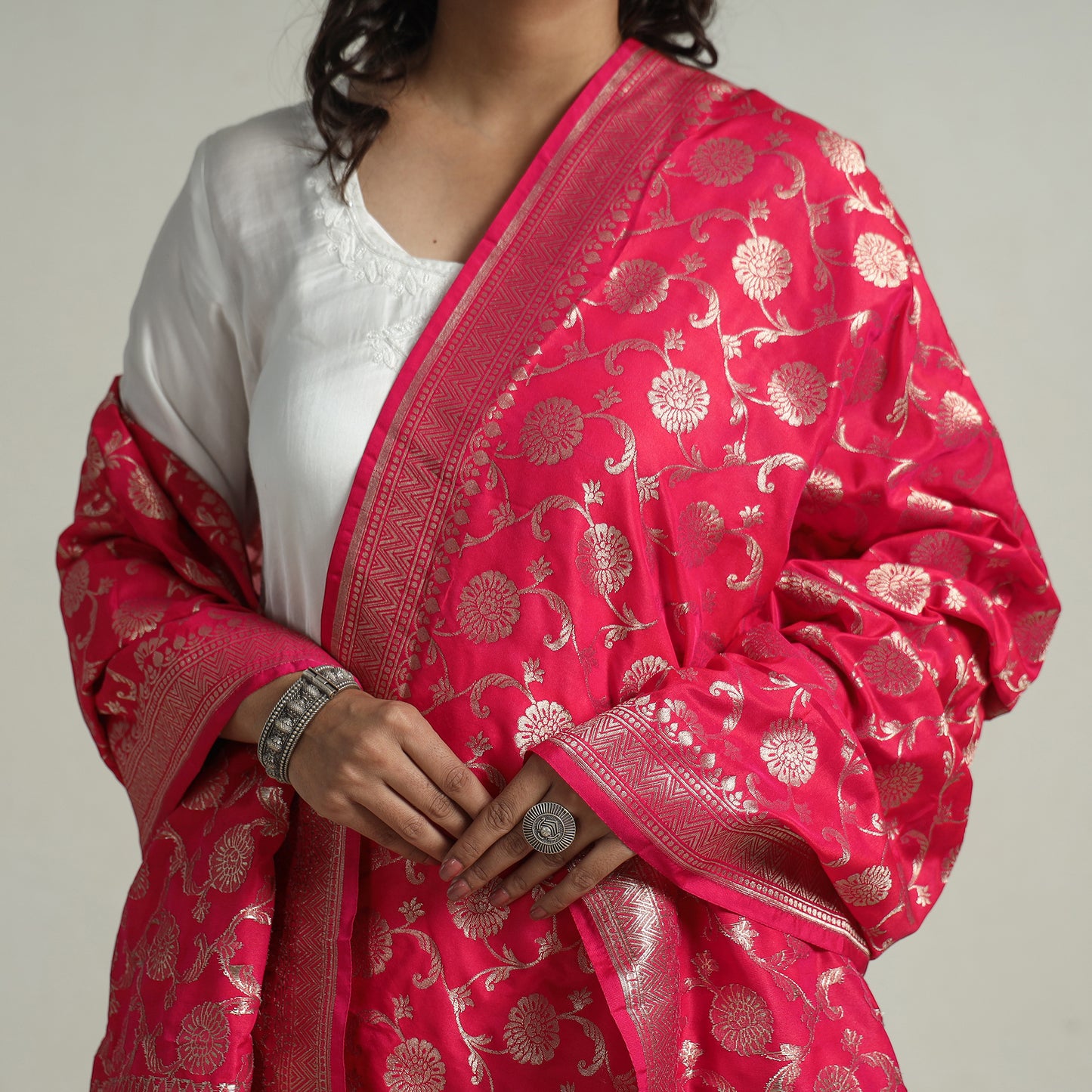 Pink - Banarasi Semi Silk Zari Jaal Dupatta with Tassels 79