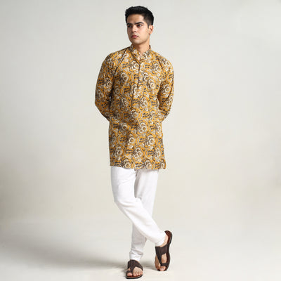 Yellow - Bagru Block Printed Cotton Men Short Kurta 02