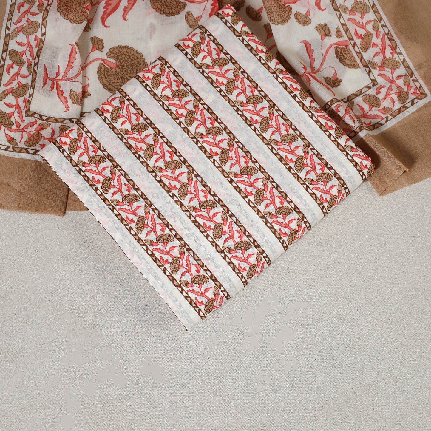 Beige - 3pc cotton sanganeri unstitched dress material 08