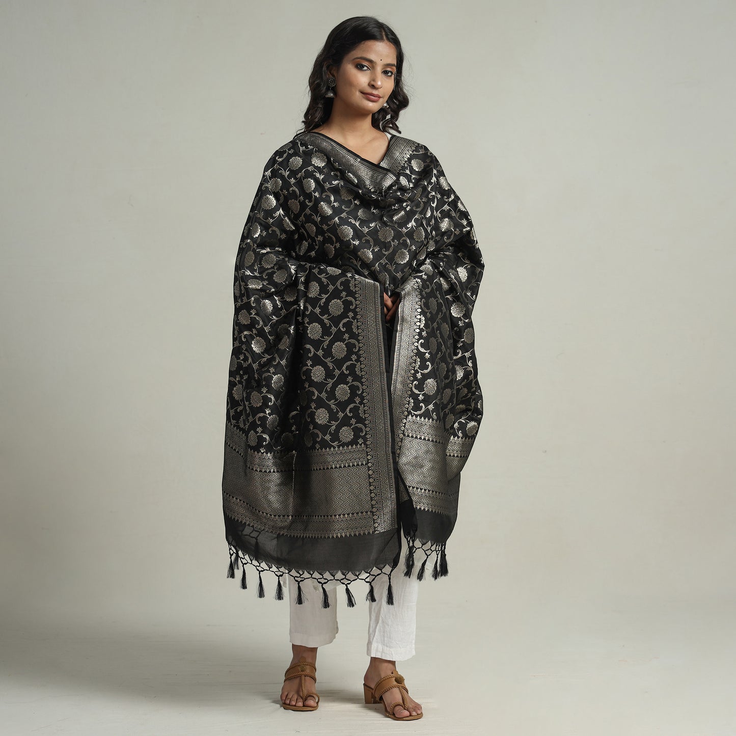 Black - Banarasi Semi Silk Zari Jaal Dupatta with Tassels 80