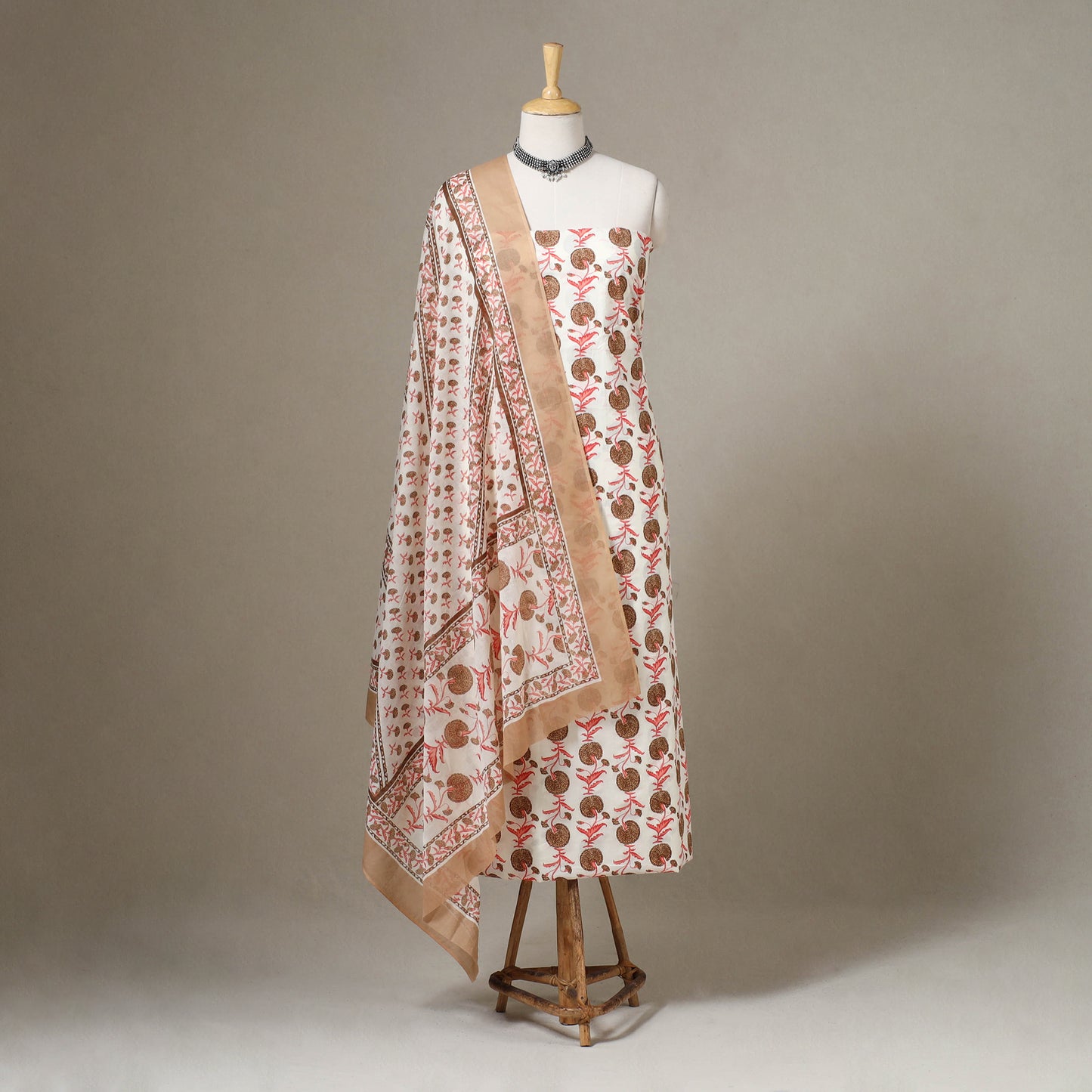 Beige - 3pc cotton sanganeri unstitched dress material 08