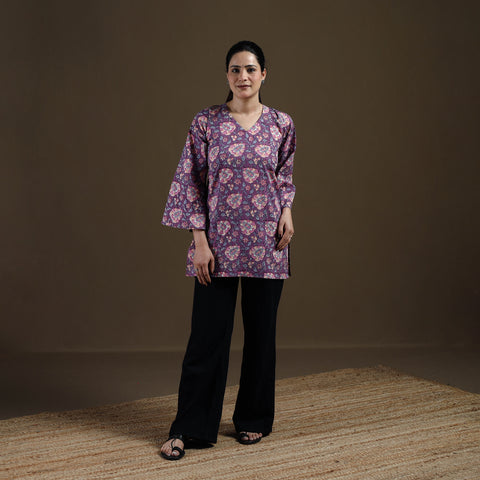 Purple - Sanganeri Hand Block Print Cotton Short Kurta for women 02