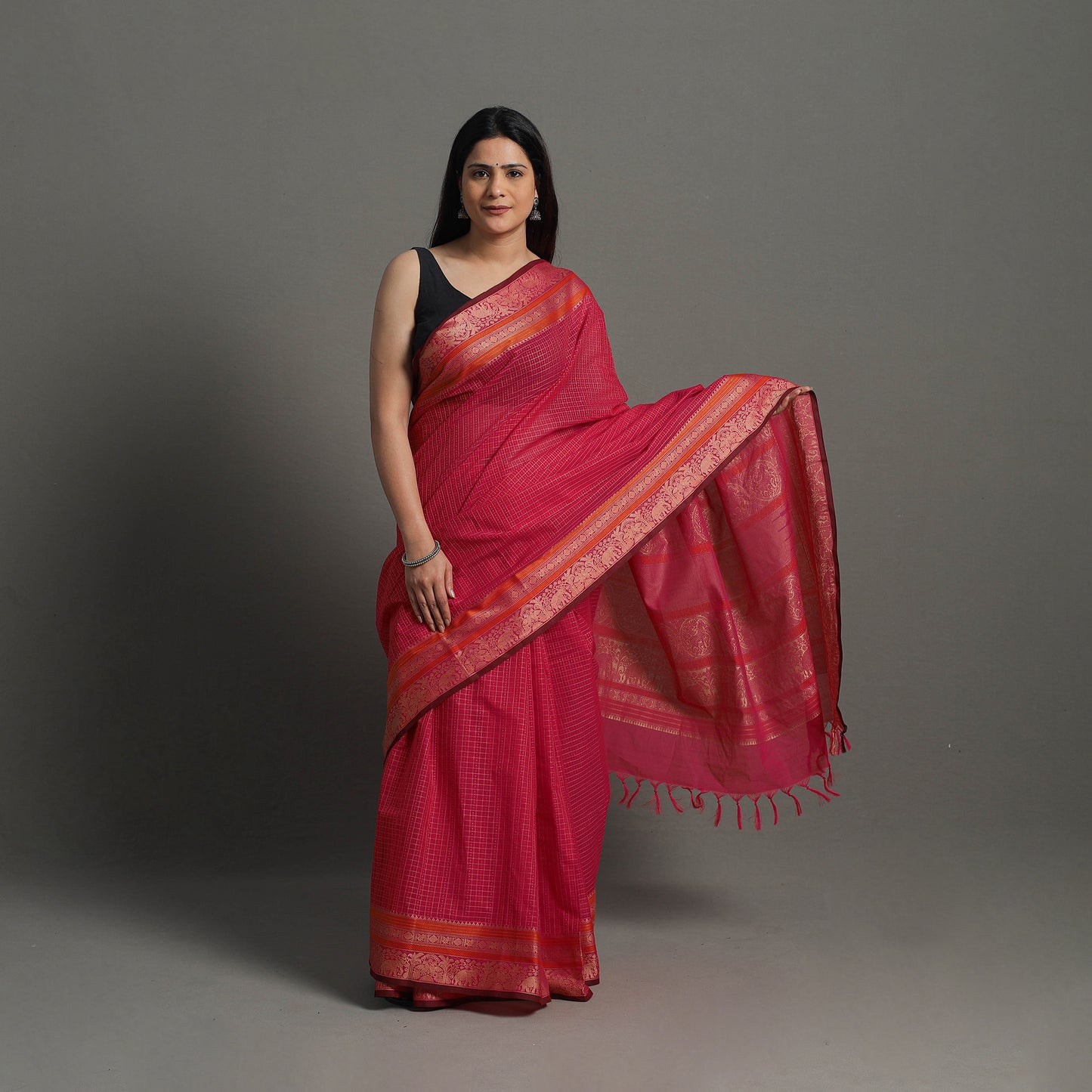 Pink - Handloom Cotton Thread Border Kanchipuram Saree 24