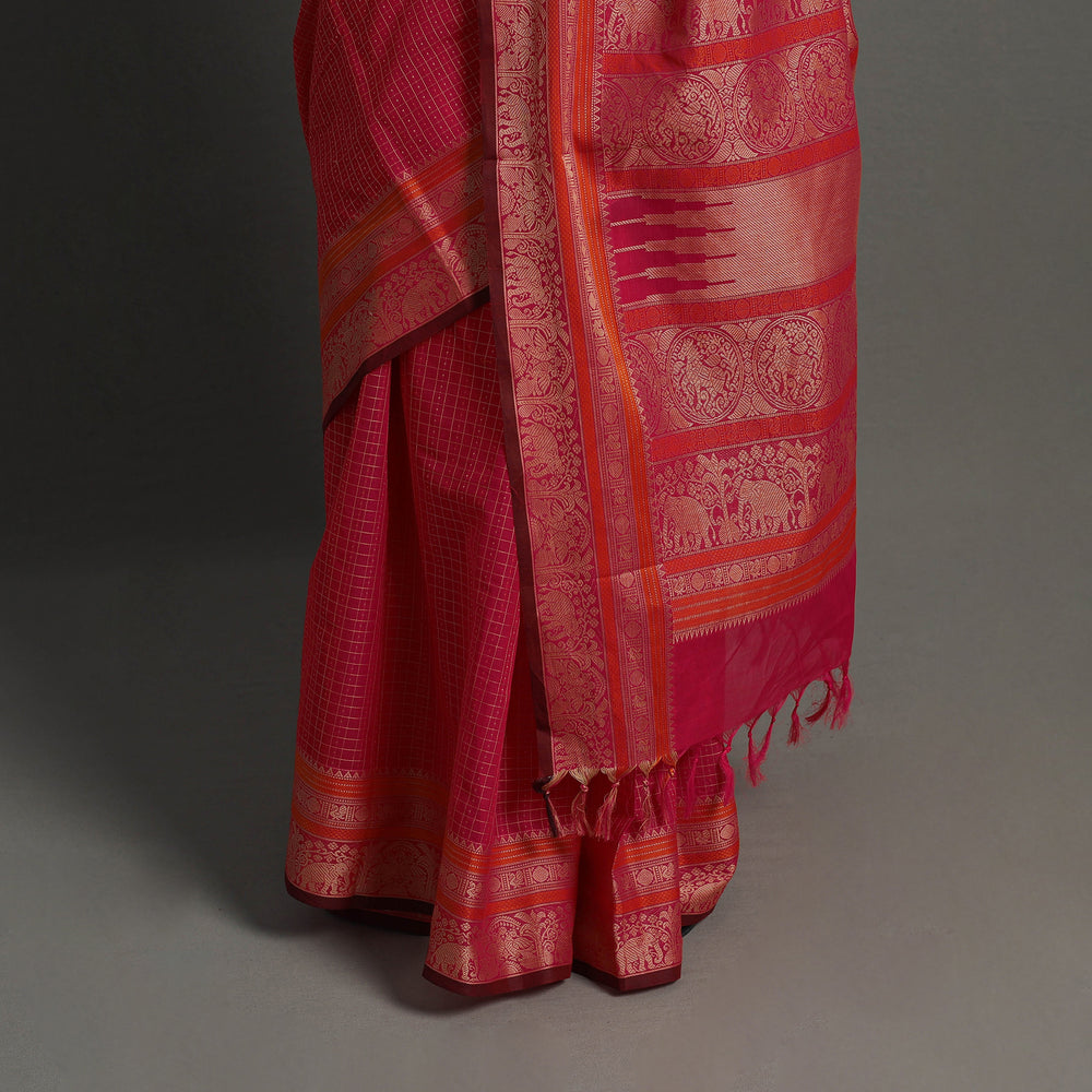 Pink - Handloom Cotton Thread Border Kanchipuram Saree 24