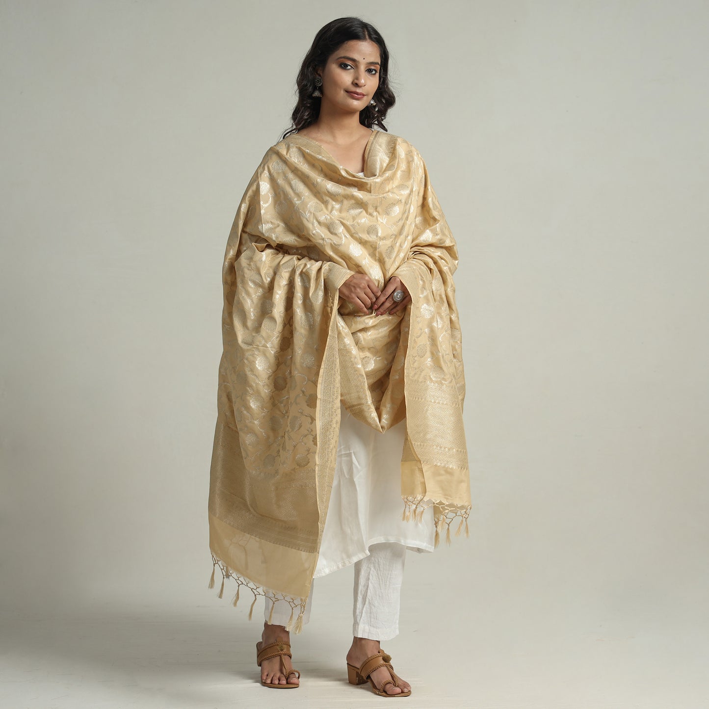 Beige - Banarasi Semi Silk Zari Jaal Dupatta with Tassels 81
