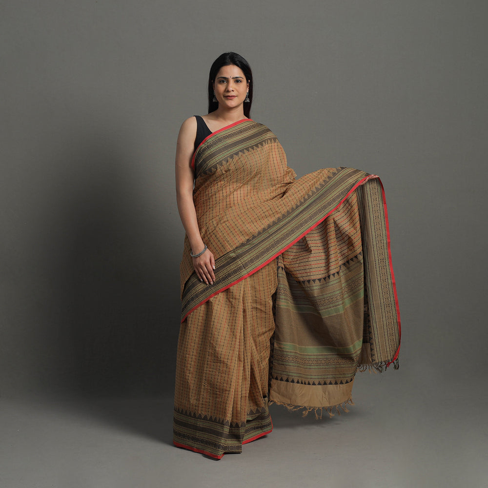 Brown - Handloom Cotton Thread Border Kanchipuram Saree 25