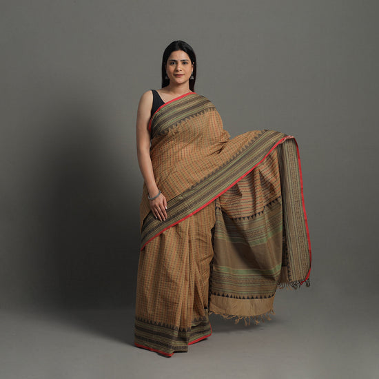 Brown - Handloom Cotton Thread Border Kanchipuram Saree 25