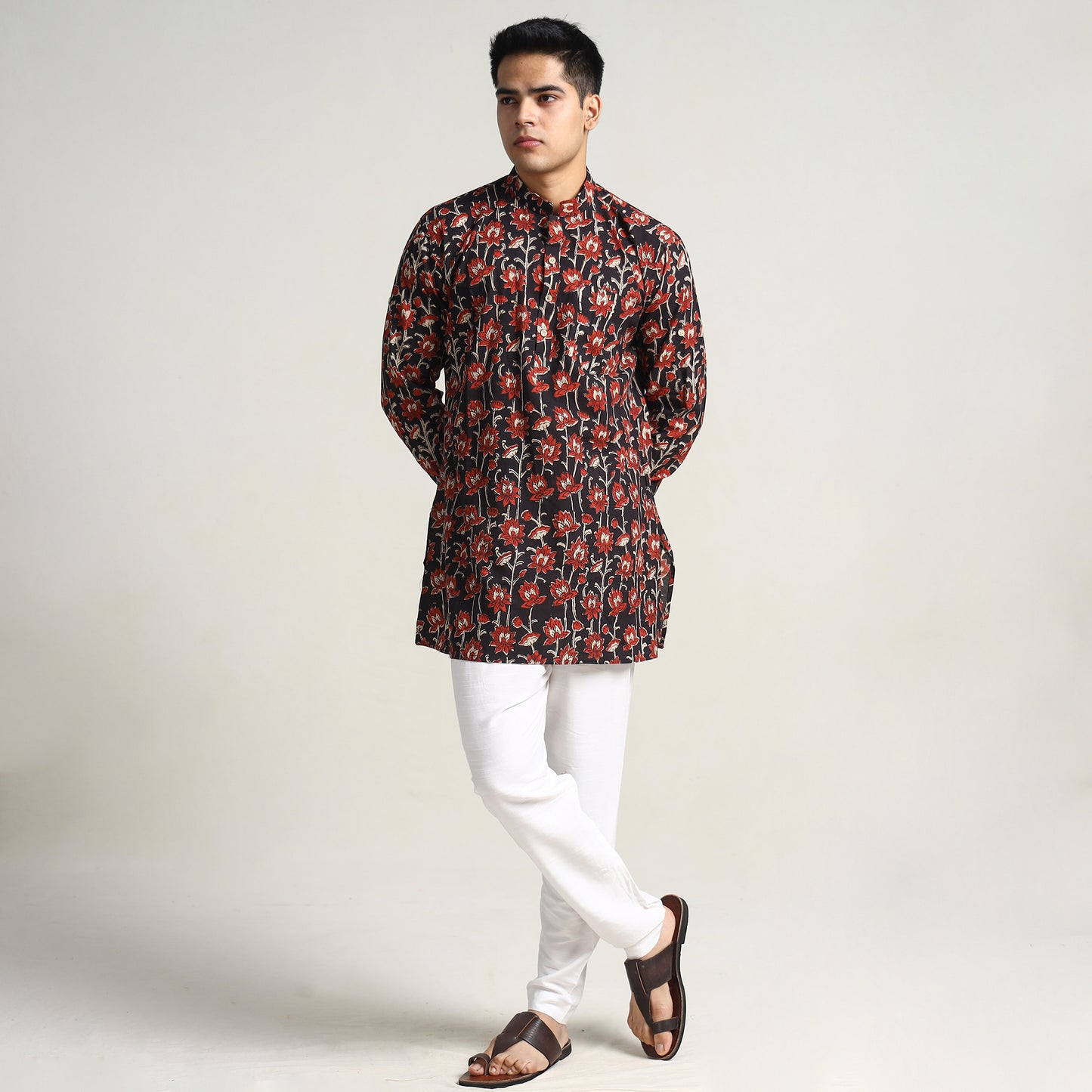 Black - Bagru Block Printed Cotton Men Short Kurta 04