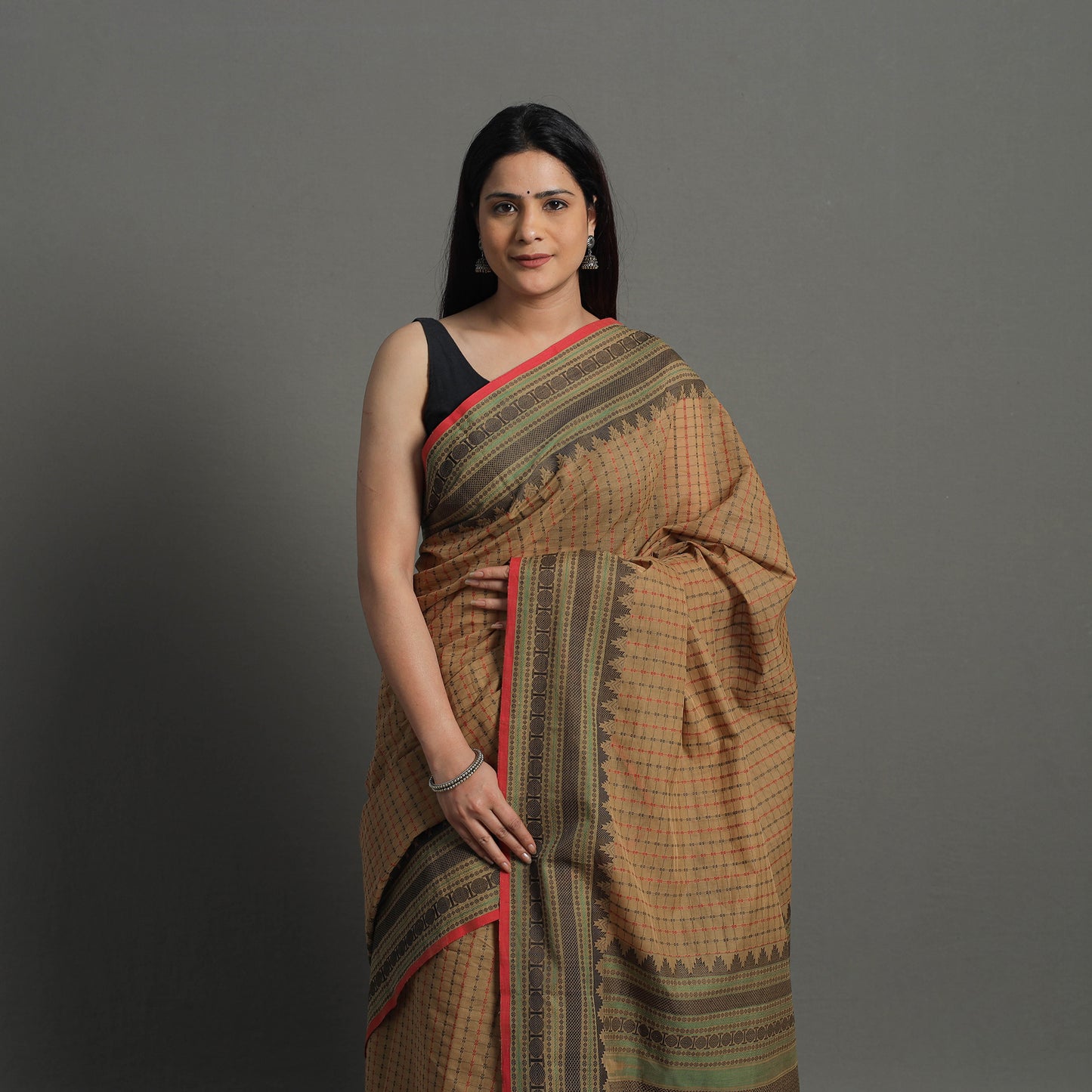 Brown - Handloom Cotton Thread Border Kanchipuram Saree 25