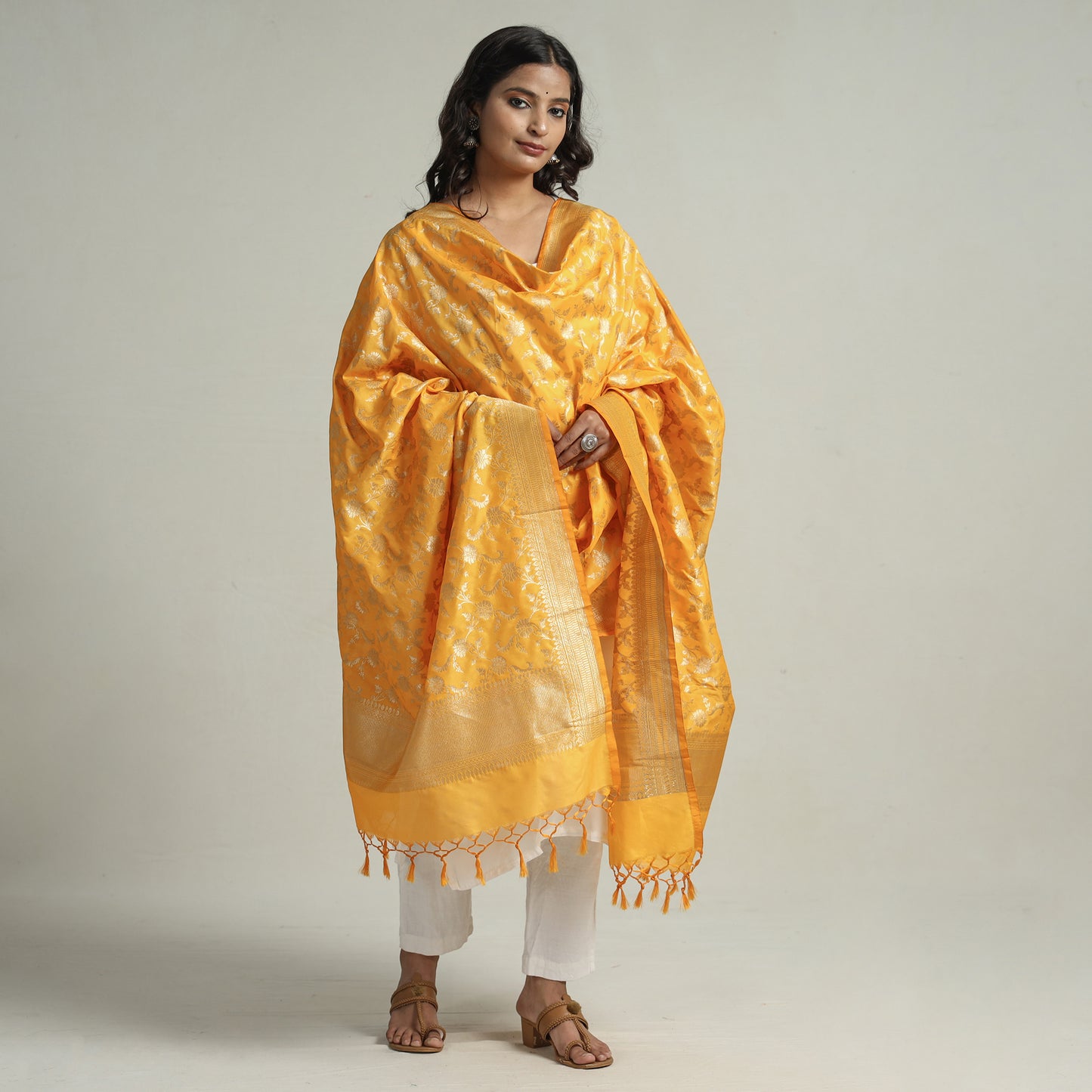 Yellow - Banarasi Semi Silk Zari Jaal Dupatta with Tassels 82