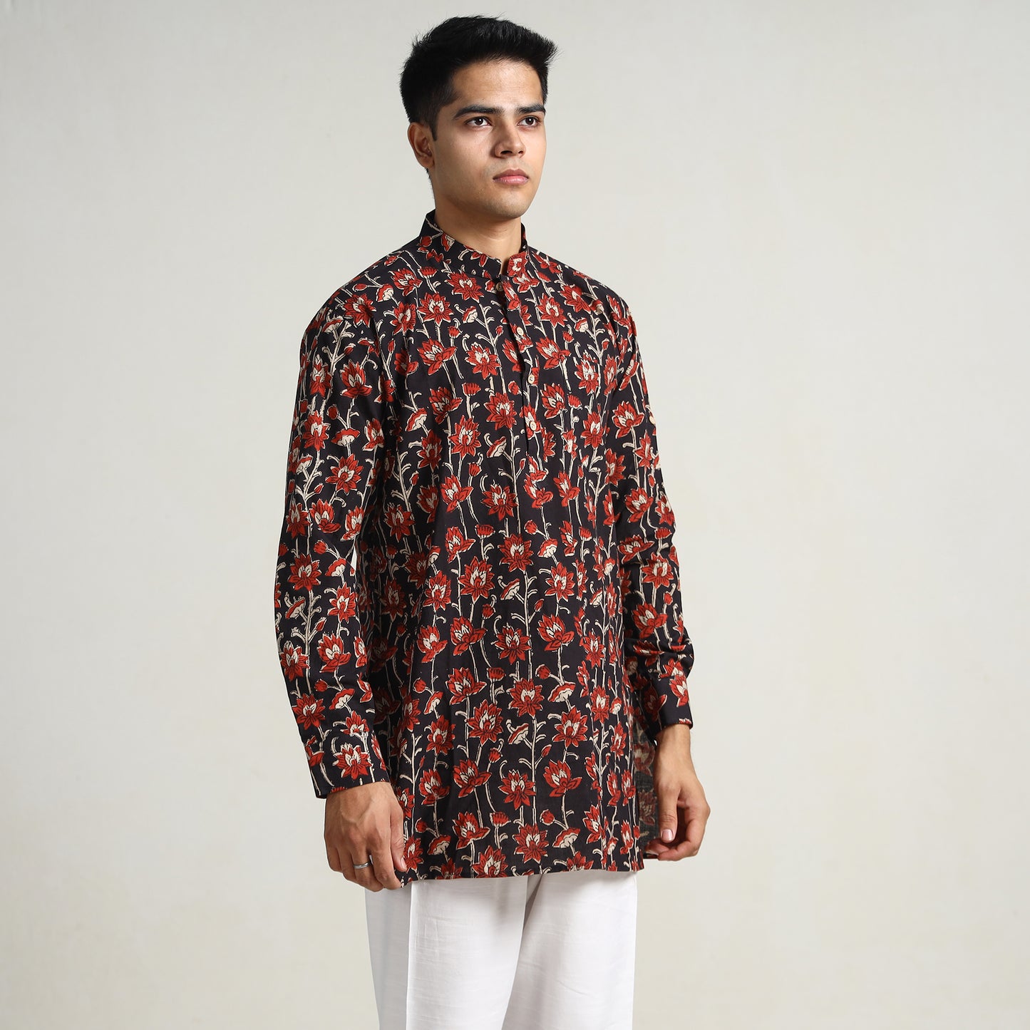 Black - Bagru Block Printed Cotton Men Short Kurta 04