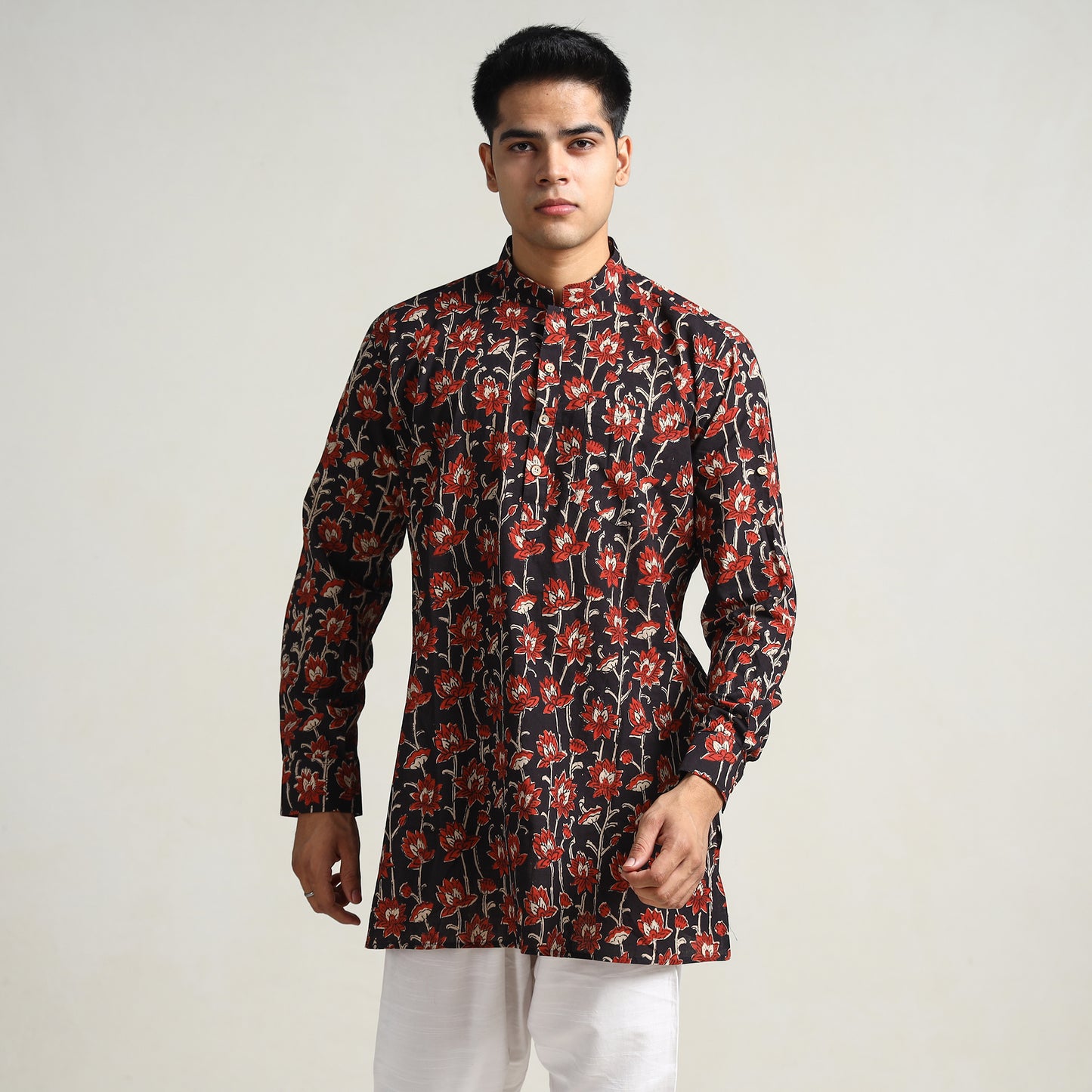 Black - Bagru Block Printed Cotton Men Short Kurta 04