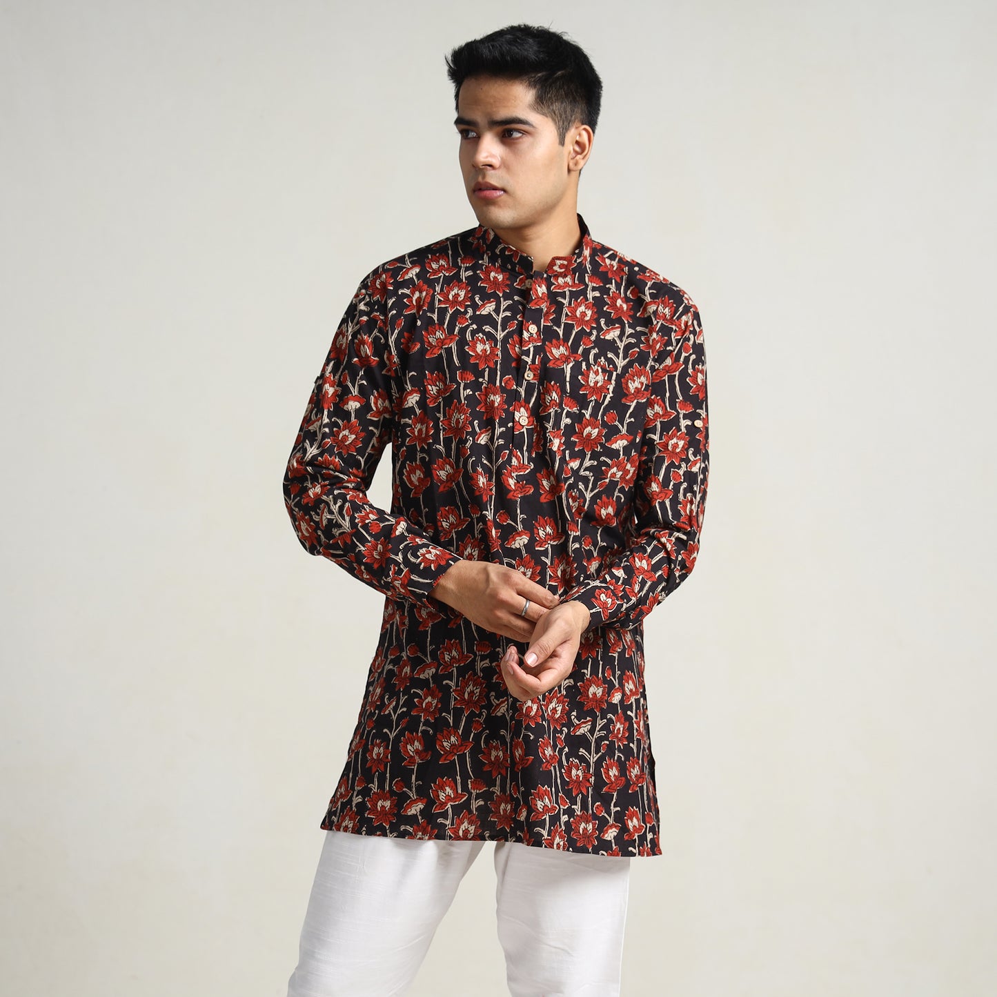 Black - Bagru Block Printed Cotton Men Short Kurta 04