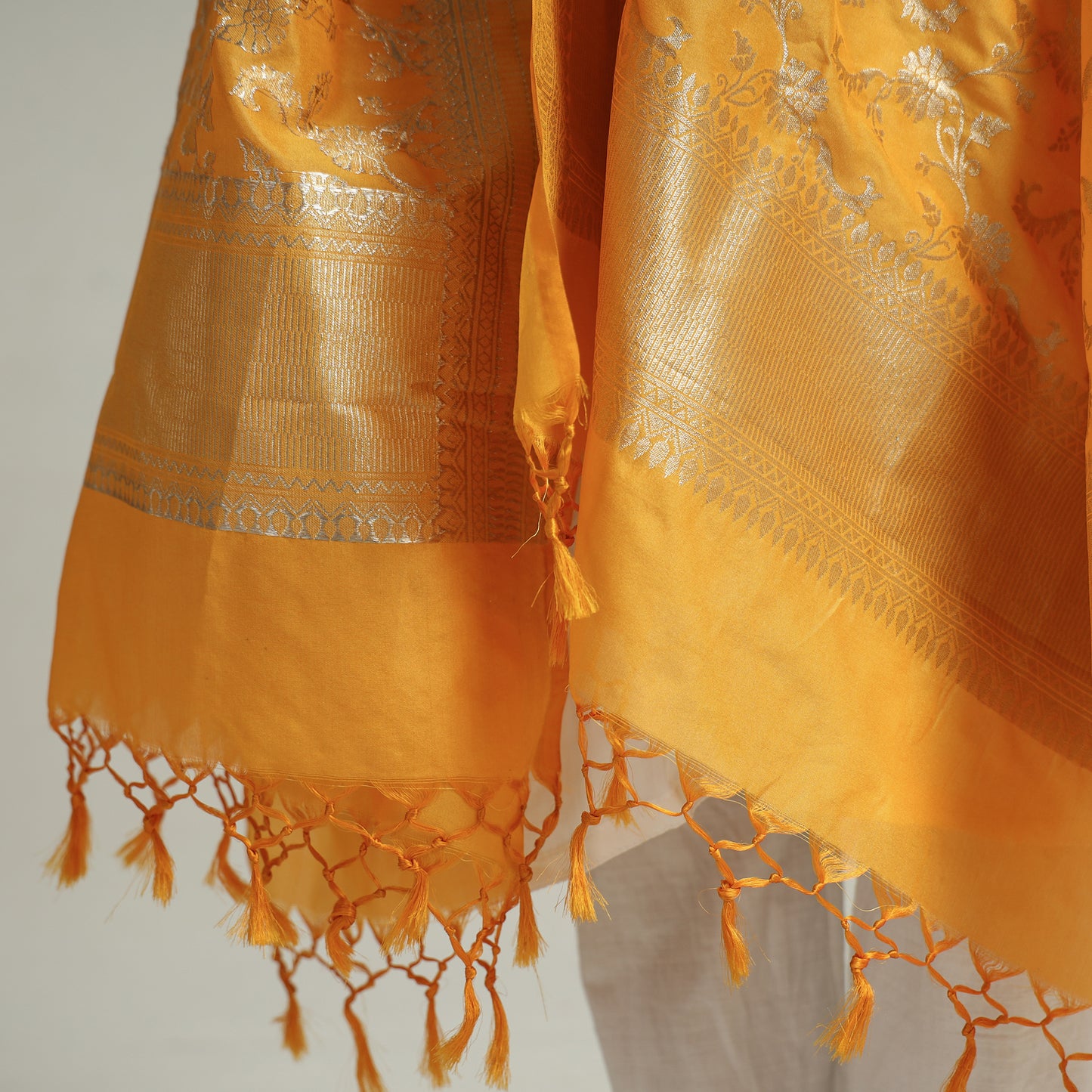 Yellow - Banarasi Semi Silk Zari Jaal Dupatta with Tassels 82