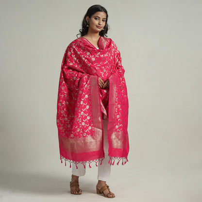 Pink - Banarasi Semi Silk Zari Jaal Dupatta with Tassels 83