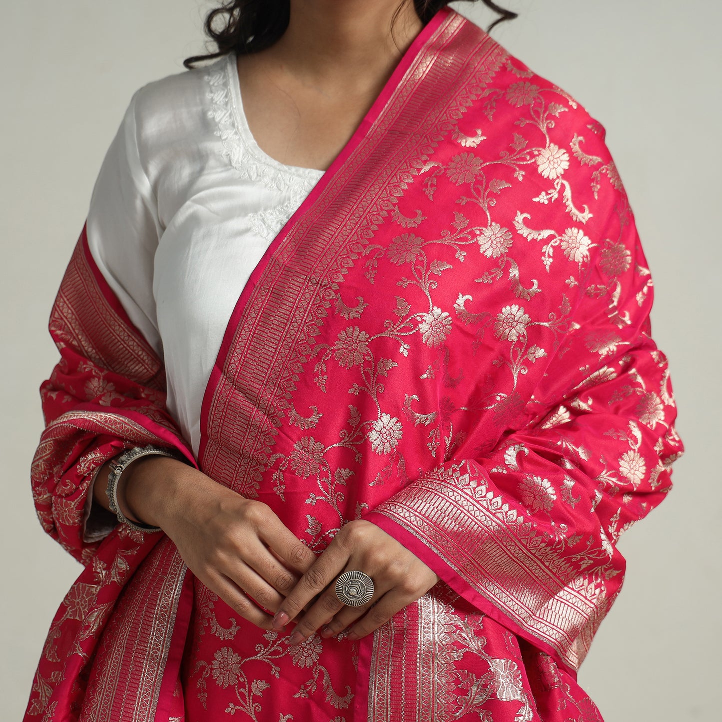 Pink - Banarasi Semi Silk Zari Jaal Dupatta with Tassels 83