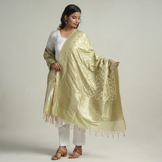 Green - Banarasi Semi Silk Zari Jaal Dupatta with Tassels 84