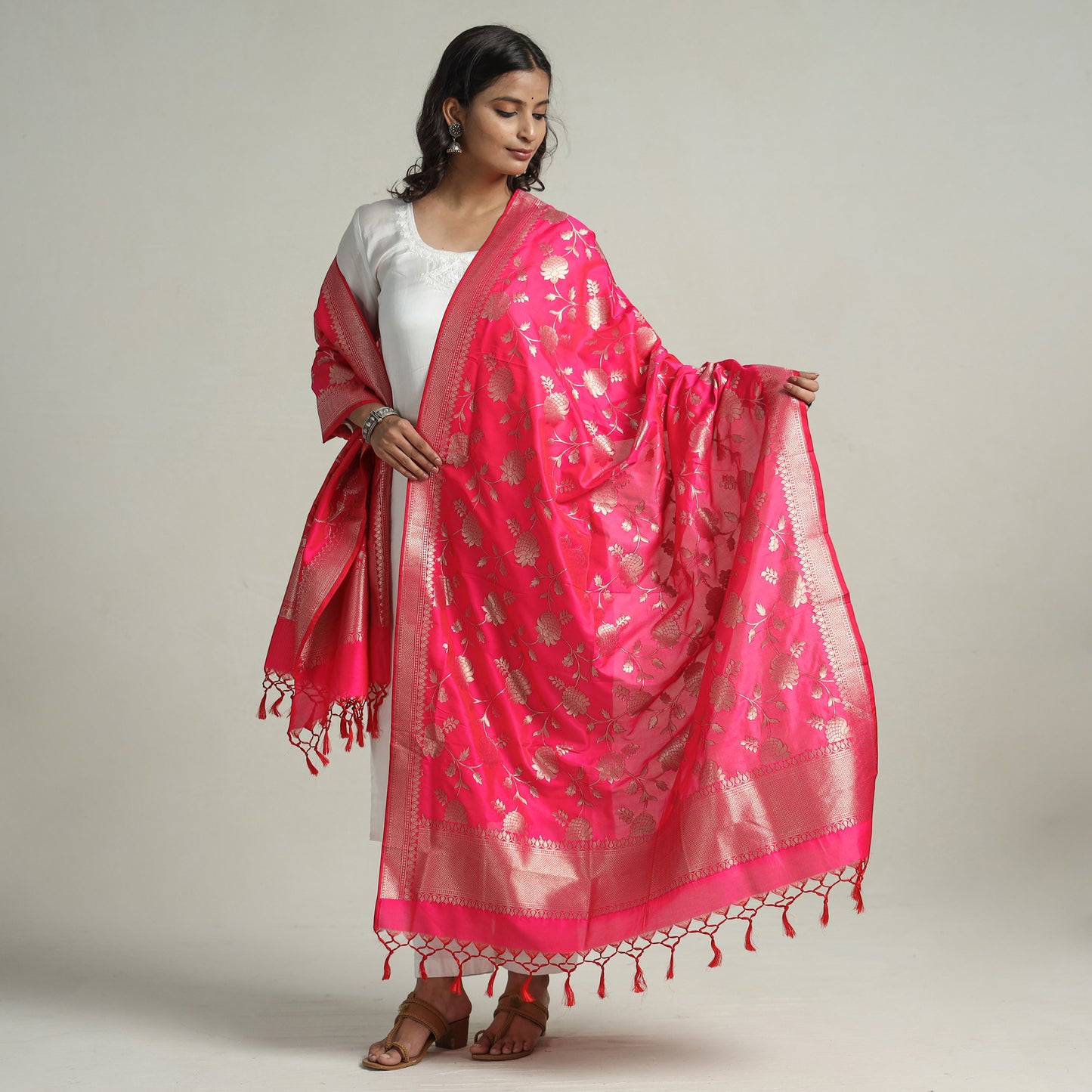 Pink - Banarasi Semi Silk Zari Jaal Dupatta with Tassels 86