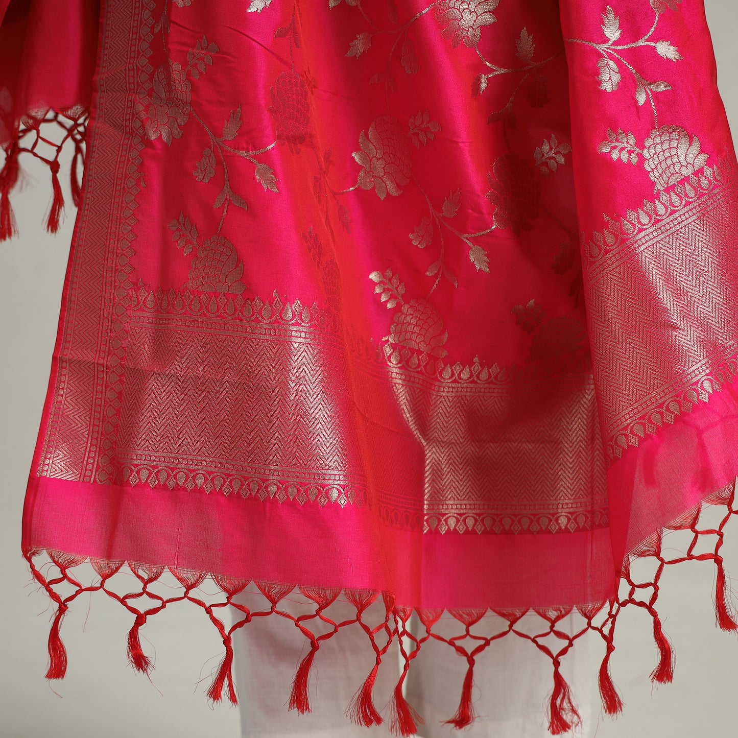 Pink - Banarasi Semi Silk Zari Jaal Dupatta with Tassels 86