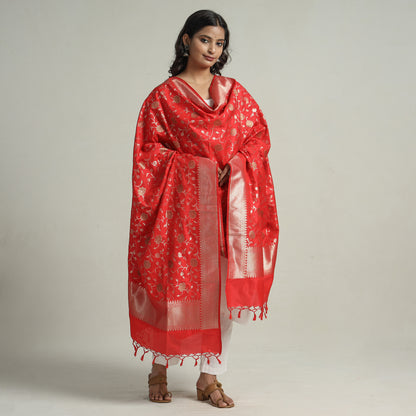 Red - Banarasi Semi Silk Zari Jaal Dupatta with Tassels 88