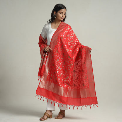 Red - Banarasi Semi Silk Zari Jaal Dupatta with Tassels 88