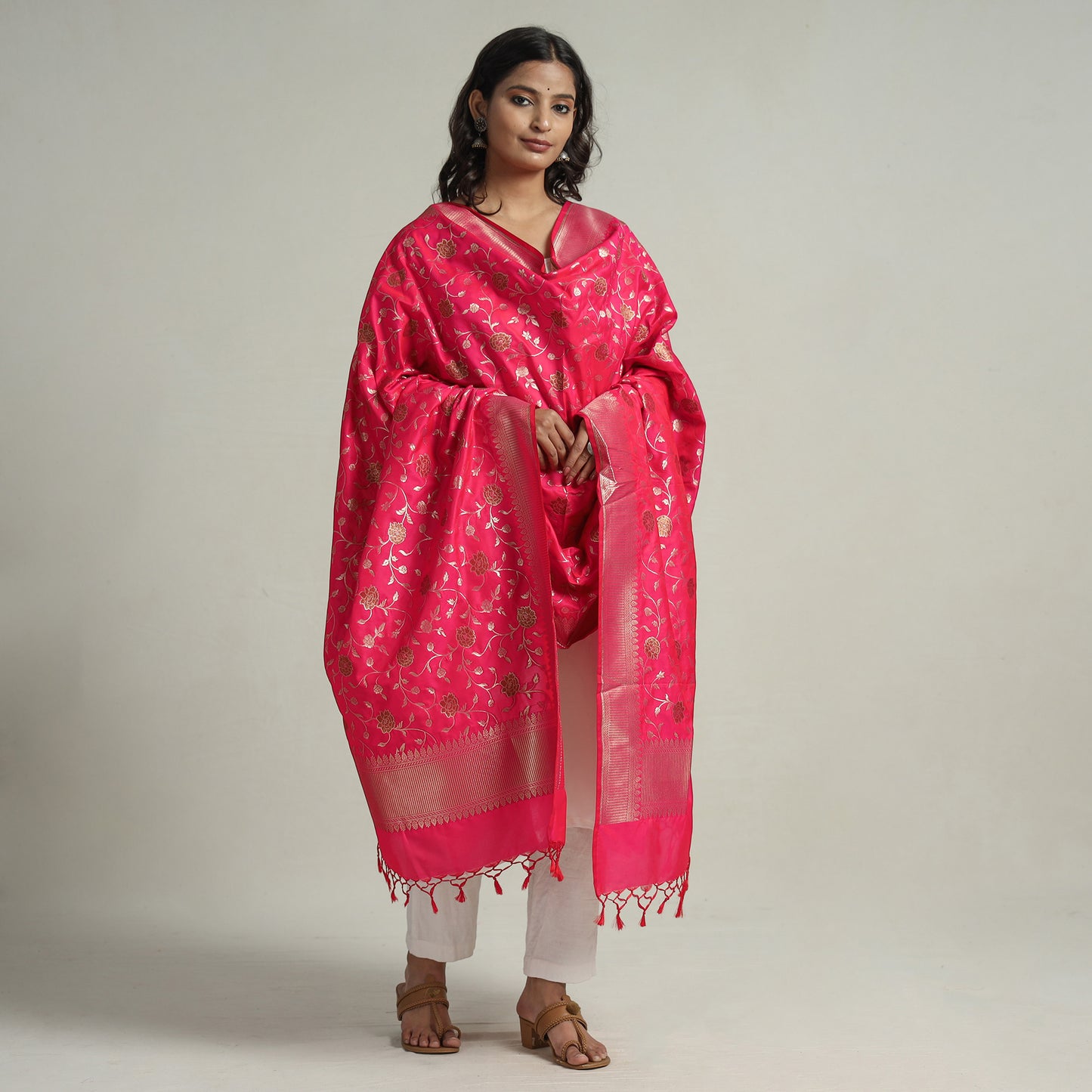Pink - Banarasi Semi Silk Zari Jaal Dupatta with Tassels 89