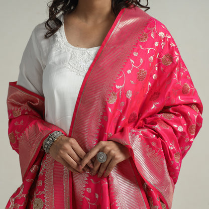 Pink - Banarasi Semi Silk Zari Jaal Dupatta with Tassels 89