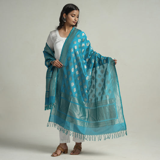 Blue - Pure Banarasi Katan Silk Handwoven Gold & Silver Zari Meena Buti Dupatta 91