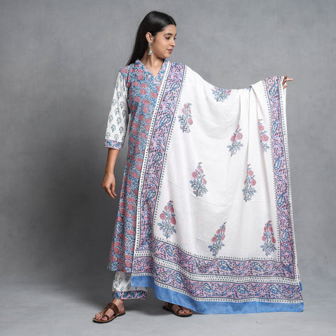  Sanganeri Block Printed Cotton Kurta with Palazzo & Dupatta Set 
