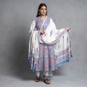  Sanganeri Block Printed Cotton Kurta with Palazzo & Dupatta Set 