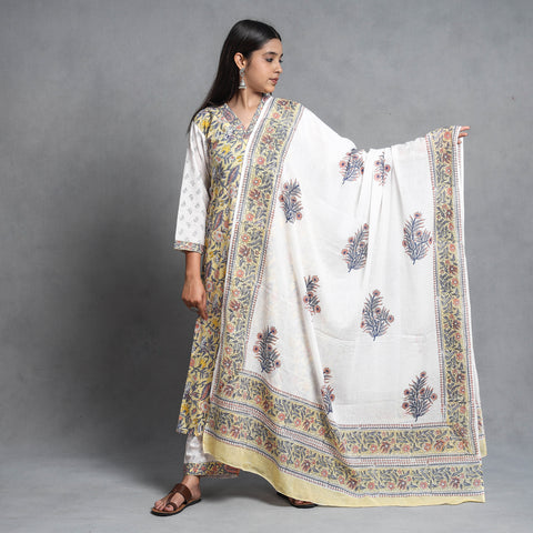  Sanganeri Block Printed Cotton Kurta with Palazzo & Dupatta Set 