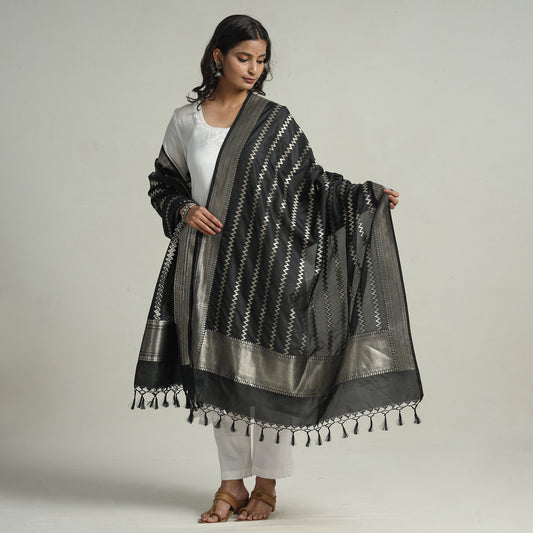 Black - Banarasi Semi Silk Zari Jaal Dupatta with Tassels 93