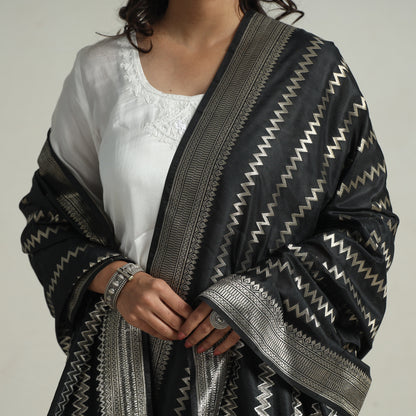 Black - Banarasi Semi Silk Zari Jaal Dupatta with Tassels 93