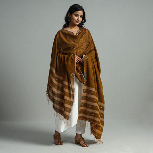 Brown - Burdwan Jamdani Buti Handloom Cotton Dupatta with Tassels 02