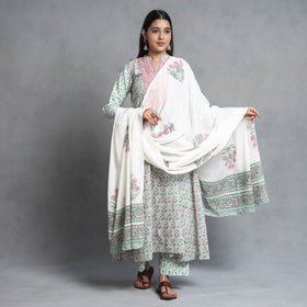 Green - Sanganeri Block Printed Cotton Kurta with Palazzo & Dupatta Set