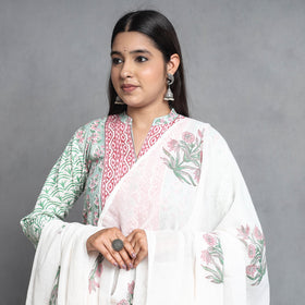 Green - Sanganeri Block Printed Cotton Kurta with Palazzo & Dupatta Set