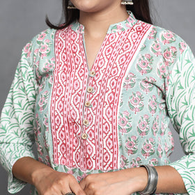 Green - Sanganeri Block Printed Cotton Kurta with Palazzo & Dupatta Set