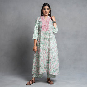 Green - Sanganeri Block Printed Cotton Kurta with Palazzo & Dupatta Set