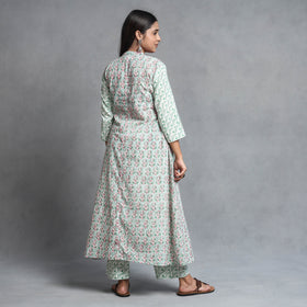 Green - Sanganeri Block Printed Cotton Kurta with Palazzo & Dupatta Set
