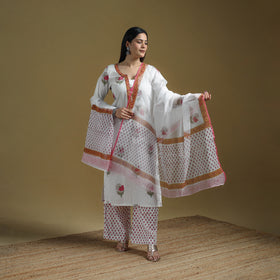 White - Sanganeri Hand Block Print Cotton Suit Set with Dupatta for women 21