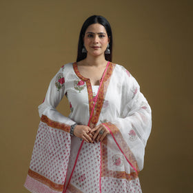 White - Sanganeri Hand Block Print Cotton Suit Set with Dupatta for women 21