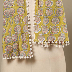 Yellow Block Print Cotton Sanganeri Stole with Pom Pom