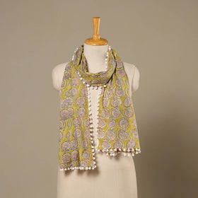 Yellow Block Print Cotton Sanganeri Stole with Pom Pom