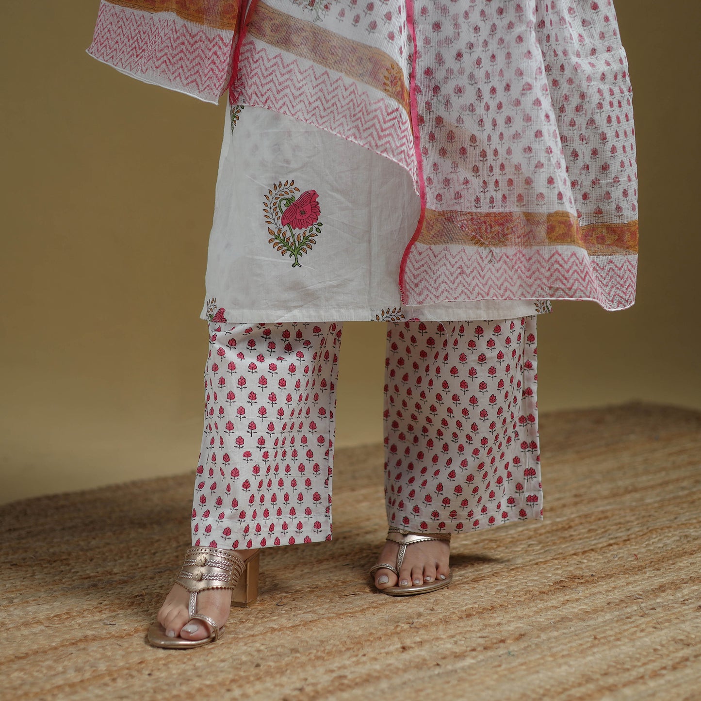 White - Sanganeri Hand Block Print Cotton Suit Set with Dupatta for women 21