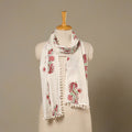 White - Block Print Cotton Sanganeri Stole with Pom Pom 07