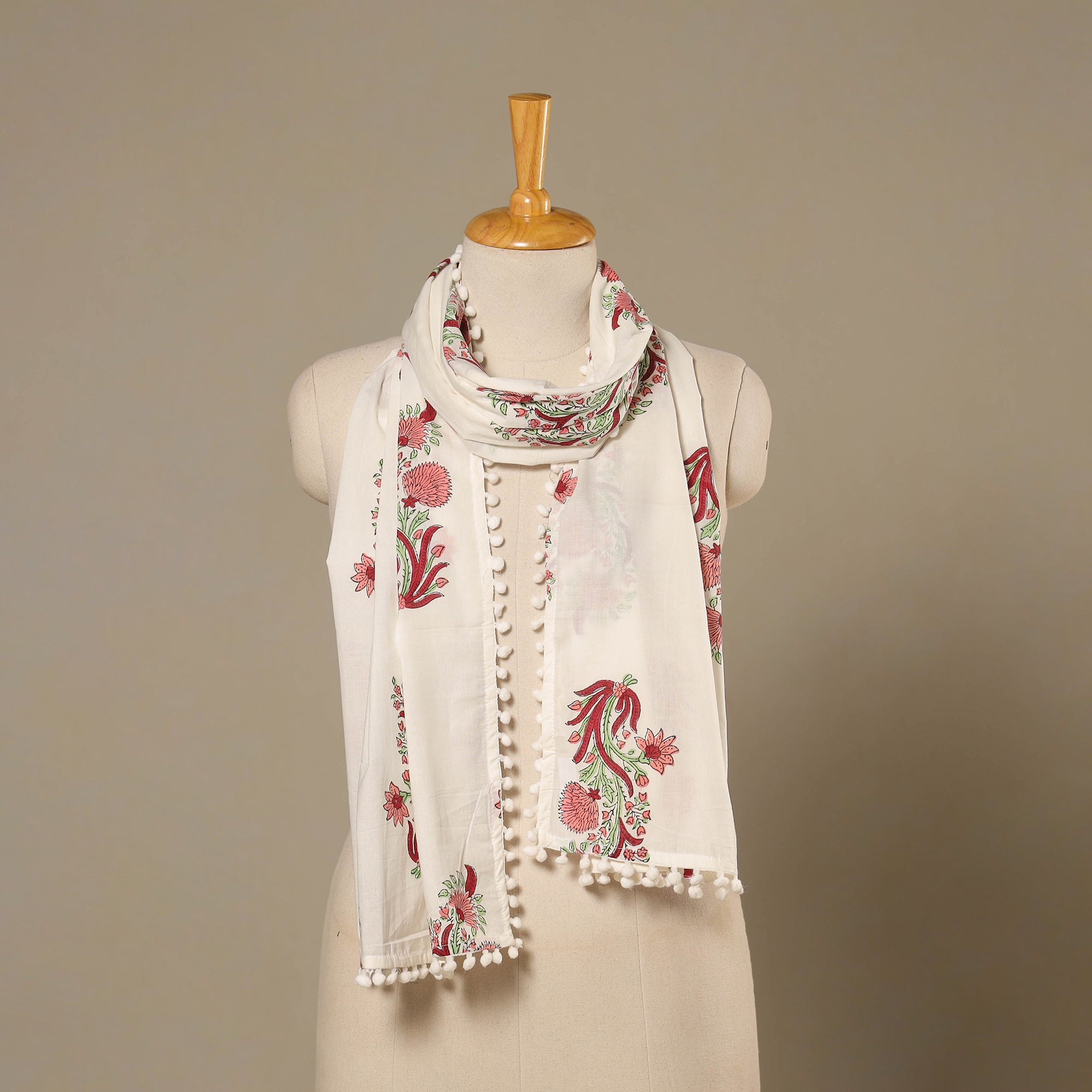 White - Block Print Cotton Sanganeri Stole with Pom Pom 07