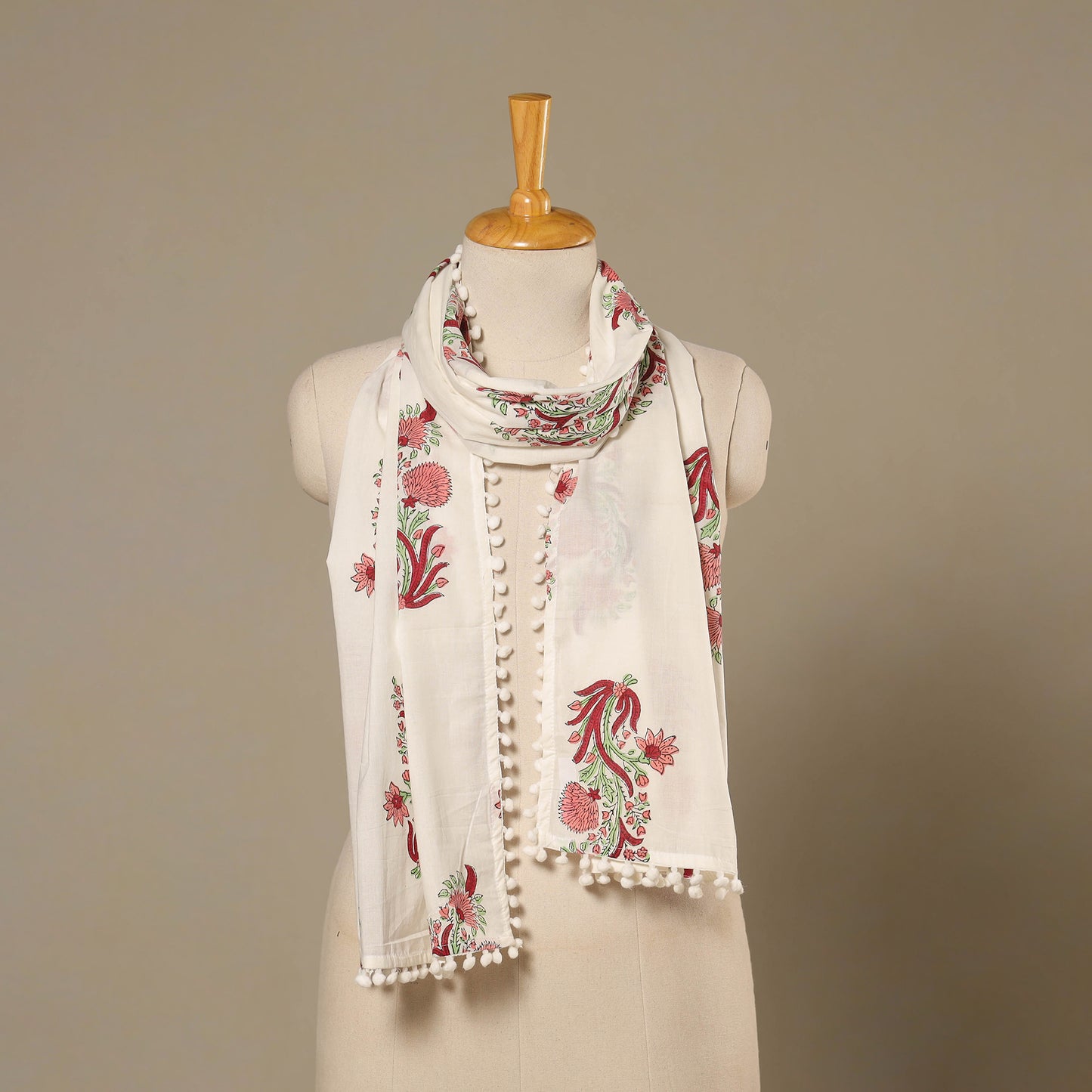 White - Block Print Cotton Sanganeri Stole with Pom Pom 07